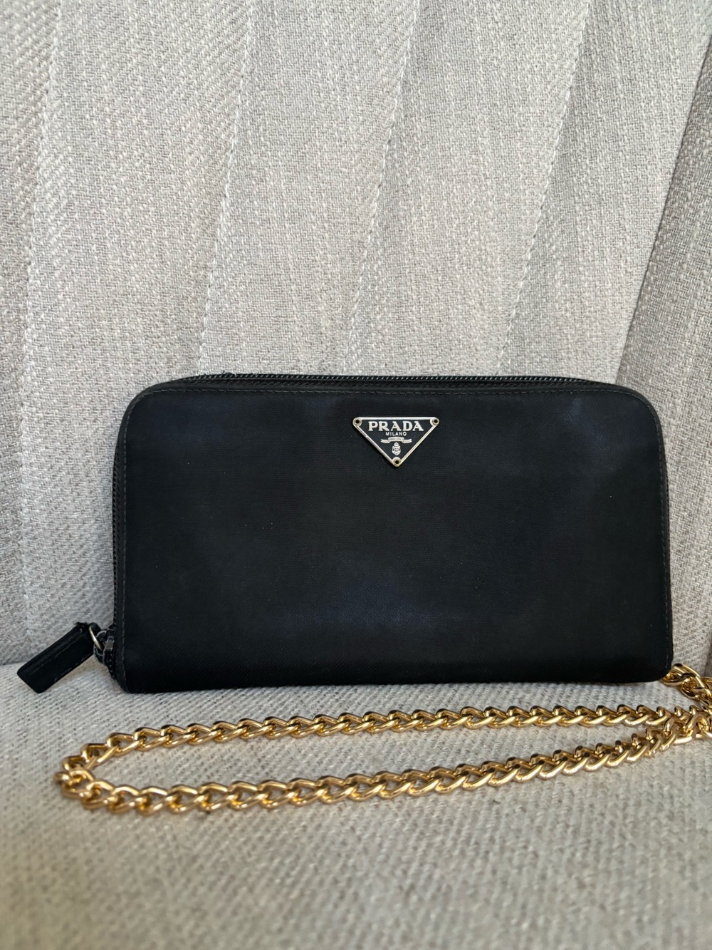 PRADA Logo Plate Black Nylon Zippered Wallet on Chain